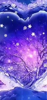 Heart-shaped icy winter scene with purple hues.