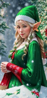 Festive holiday elf in a snowy winter scene.