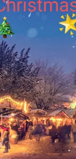 Christmas market at night with festive lights and snowfall.