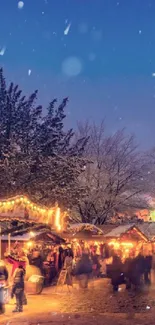 Festive holiday market with glowing lights and snowflakes at night.