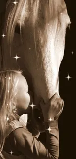 Sepia-toned image of a girl embracing a horse with sparkling stars.