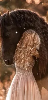 A girl with curly hair embraces a black horse in a warm-toned forest.