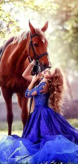 Woman in blue dress with horse in nature scene.