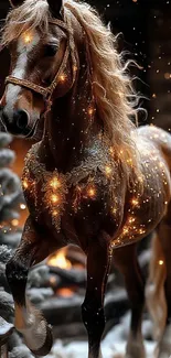 Majestic horse in a snowy forest with glowing lights.