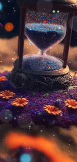 Fantasy hourglass surrounded by vibrant flowers in a mystical scene.