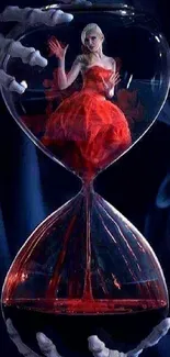 Woman in red dress within an hourglass, surrounded by a mysterious blue aura.