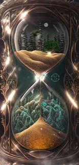 Mystical hourglass with forest scene and enchanting colors for mobile wallpaper.