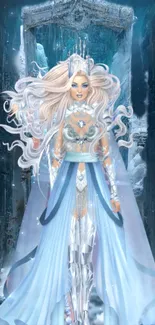 Enchanting ice princess in a fantasy setting with icy blue tones and intricate designs.