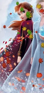 Magical ice princesses and falling leaves wallpaper.