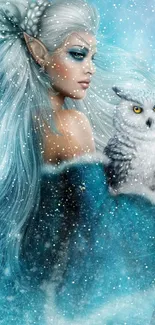 Fantasy ice queen with owl in blue hues.