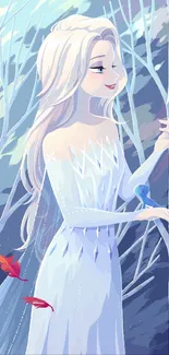 Illustration of ice queen with magical elements in light blue hues.