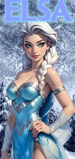 Enchanting ice queen with blue dress in snowy winter scene.