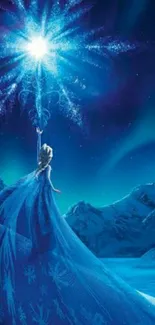 Ice queen with magic in a blue, snowy landscape.