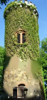 Historic tower adorned with ivy amidst greenery.