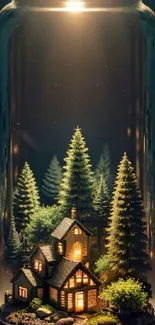 Miniature forest in a jar with cabin and trees