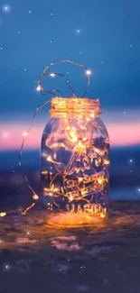 Glowing jar of lights against a dreamy twilight sky in this mobile wallpaper.