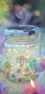 Jar with fairy lights and flower illustrations, surrounded by colorful bubbles.