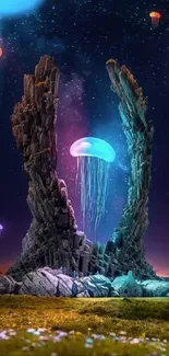 Mystical landscape with glowing jellyfish under a starlit sky.