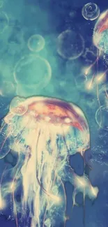 Mesmerizing jellyfish glowing underwater in a serene blue scene.