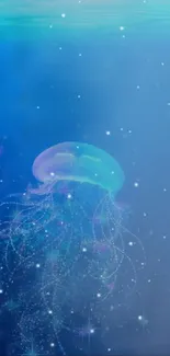 Beautiful blue underwater scene with a glowing jellyfish.