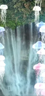 Dreamy waterfall with floating jellyfish in a serene natural setting.