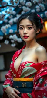Elegant woman in a red kimono amidst cherry blossoms.