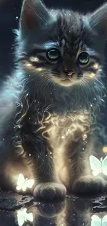 A cute kitten surrounded by glowing butterflies in a fantasy setting.