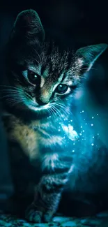 A cute kitten enchanted by glowing blue light.