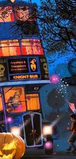 A magical bus with a night-time fantasy theme and Halloween elements.