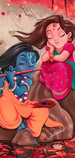 Colorful illustration of Krishna and Radha on a mobile wallpaper background.