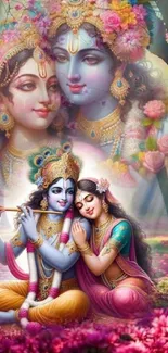 Krishna and Radha in vibrant artistic setting with pink hues.