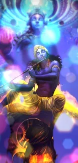 Mystical Krishna playing flute with colorful background