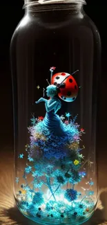 Fantasy art with ladybug on glowing flower inside a glass jar.