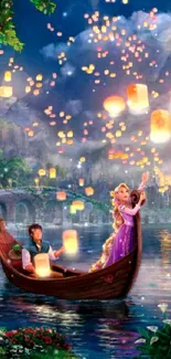 Magical night scene with floating lanterns on a boat in a colorful fantasy setting.