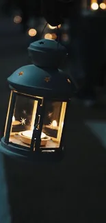 A lantern glowing softly in the night, casting a warm candlelight.