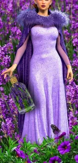 Woman in a purple gown surrounded by lavender flowers.