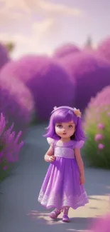 Lavender field with doll on path in enchanting scenery.