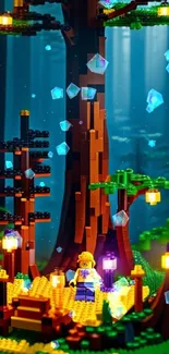 LEGO forest scene with magical lights in vibrant colors.