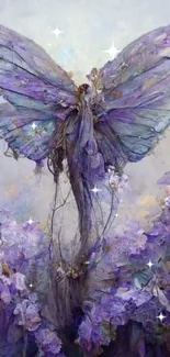 Mystical lilac fairy surrounded by flowers in enchanting artwork.