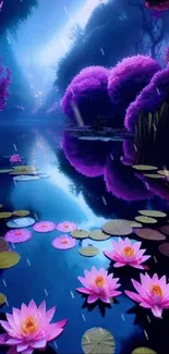 Enchanting purple lilypad reflection wallpaper with serene water lilies.