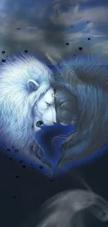 White and black lions forming a heart under a blue sky.