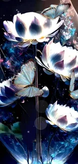 Ethereal lotus flowers with butterflies on a cosmic background.