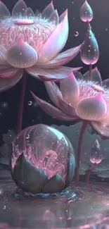 Fantasy lotus flowers with droplets on a dark background.