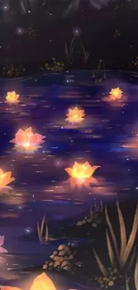 Glowing lotus flowers float on a serene, dark blue lake at night.