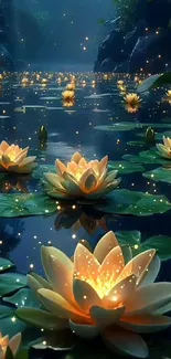 Peaceful lotus flowers glowing on a pond at night.