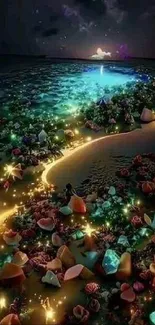 Luminous beach at night with glowing stones and a vibrant, colorful scene.