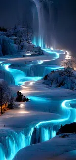Luminous river winding through snowy landscape at night with serene glow.