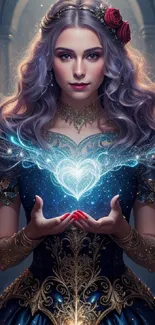 Fantasy woman holds glowing heart in magical scene.