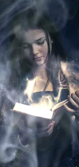 Girl with a glowing book, surrounded by mystical blue and light effects.