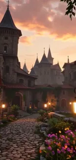 Beautiful medieval village at sunset with cobblestone path and lit lamps.
